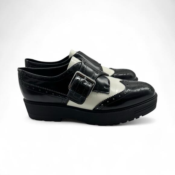 Marc Fisher LTD Remona Leather Monk Strap Loafers Black White Womens Size 8 - Picture 1 of 11